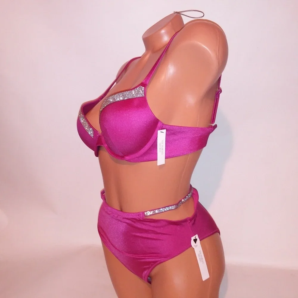 Victoria Secret Swim Bikini 34DD Top Small Bottom Push Up Pink Shine Trim Bling